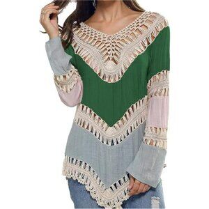 Green Colorblock Cut Out Crochet Tunic Top Blouse Shirt‎ Beach Swimsuit Cover Up